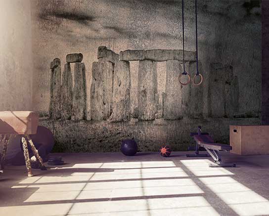 Loft style gym with old brick wall with sports equipment